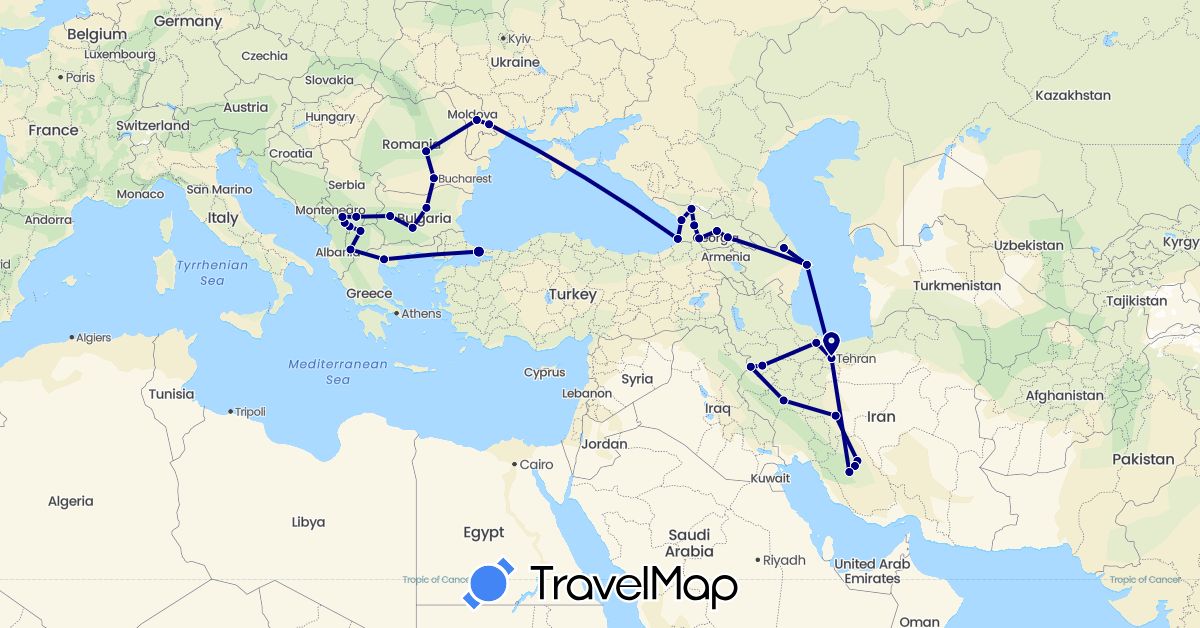TravelMap itinerary: driving in Azerbaijan, Bulgaria, Georgia, Greece, Iran, Moldova, Macedonia, Romania, Turkey, Kosovo (Asia, Europe)